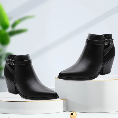 Miniatura 7 de CentroPoint Botines de cuero con tacón de bloque para mujer, puntera puntiaguda, con cremallera lateral