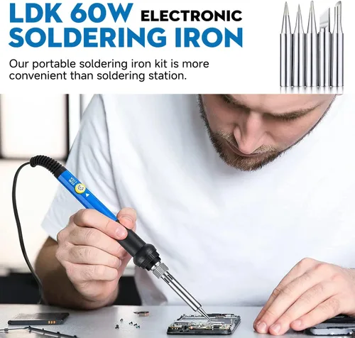 Miniatura 5 de LDK Kit de soldador de 60 W, soldador de 110 V con 5 puntas de soldadura, alambre de soldadura, herramientas de soldadura de soldadura de Azul