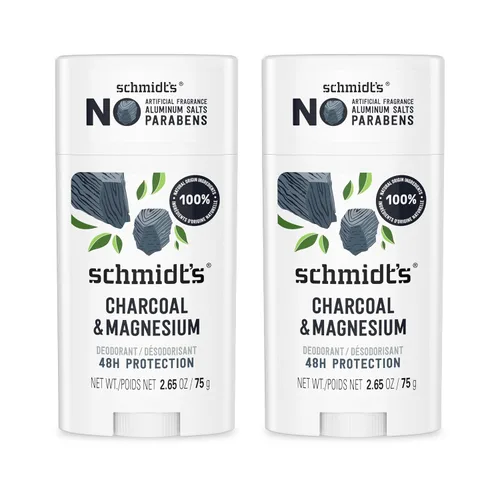Schmidt's Desodorante sin aluminio vegano con carbón y magnesio con 48 horas de protección contra el olor, 2 unidades para mujeres y hombres,