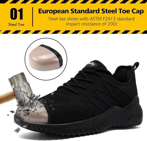 Miniatura 2 de Tinefiy Zapatos de punta de acero para mujer, ligeros, cómodos, antideslizantes, de seguridad, para trabajo, con amortiguación, a prueba