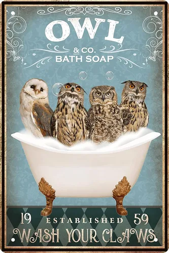 Decoración divertida de búho vintage para baño y bañera, letrero de metal para decoración de búho para amantes de las mascotas, regalo de granja,