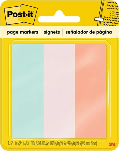 Post-it Marcadores de página, 0.875 pulgadas x 2.875 in., ideales para marcar temporalmente y anotar en libros, colores surtidos, 3 blocs (100 hojas