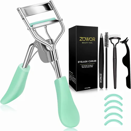 Rizador de pestañas con peine y cepillo para todas las formas de ojos, rizadores de pestañas curvados con 6 almohadillas de repuesto de silicona,