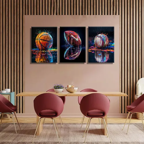 Miniatura 5 de 3 piezas de arte de pared en lienzo deportivo de graffiti para habitación de niños, rústico, fútbol, béisbol, fútbol americano, rugby, decoración