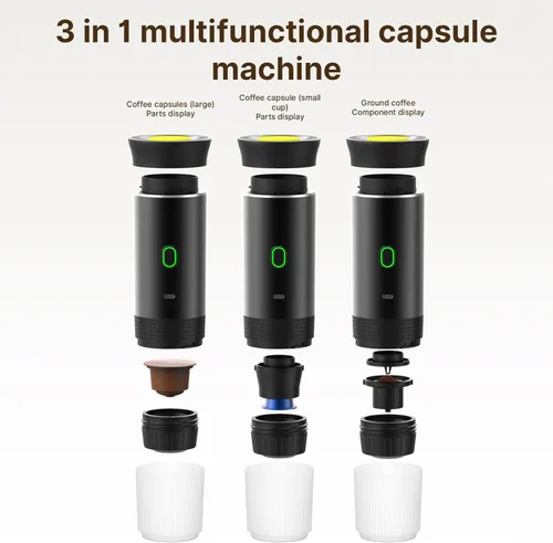 Miniatura 8 de Cafetera portátil, cafetera eléctrica inalámbrica 3 en 1, funciona con cápsulas y café molido, cafetera fría y calefacción con taza de 5.1 fl oz