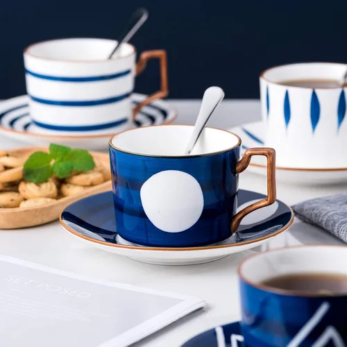 Miniatura 3 de Jusalpha Estilo japonés impreso a mano - Taza de té de porcelana fina de 7 onzas/taza de café con cuchara y bandeja/platillo, vajilla, porción de 4