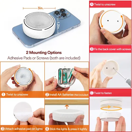 Miniatura 5 de TECOMLIGHT Luces de disco con control remoto, iluminación inalámbrica para debajo del gabinete, funciona con pilas, luces de empuje para cocina
