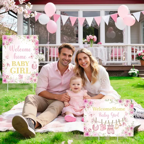Miniatura 6 de 2 letreros decorativos de bienvenida a casa para bebé, niña, rosa, floral, para baby shower, patio, con estacas "It's a Girl", letrero para anuncio