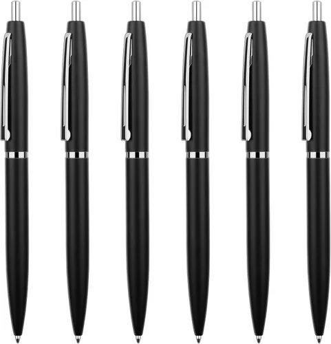 Unibene Paquete de 6 bolígrafos negros y plateados, tinta negra de punta media de 0.039 pulgadas con 6 recambios de acero inoxidable para negocios,