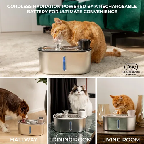 Miniatura 2 de Fuente de agua inalámbrica para gatos de acero inoxidable de 108 oz/3.2 L Batería de 5200 mAh, autonomía de 50 días, sensor de movimiento, ultra
