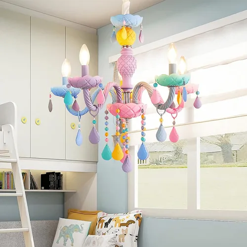 DJAMEL Candelabros de cristal coloridos, decoración romántica cálida para habitación de princesa, lámpara de araña para decoración de dormitorio,