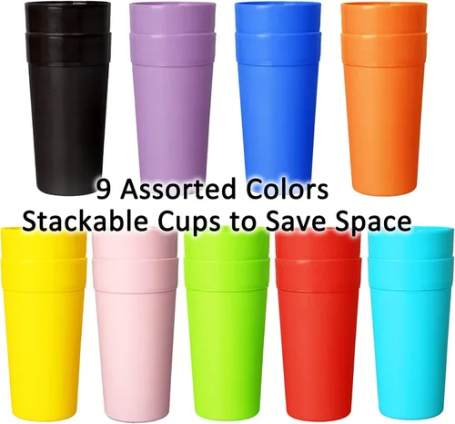 Miniatura 4 de Youngever Paquete de 9 vasos de plástico, vasos irrompibles, vasos de plástico en 9 colores surtidos (22 onzas)