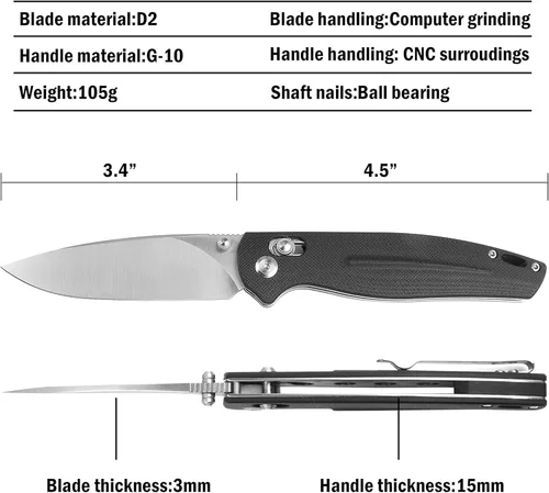 Miniatura 3 de RPG Mini cuchillo de bolsillo plegable, hoja de acero D2 de 3.5 pulgadas con mango G10 y clip de bolsillo, cuchillo EDC afilado para campamento