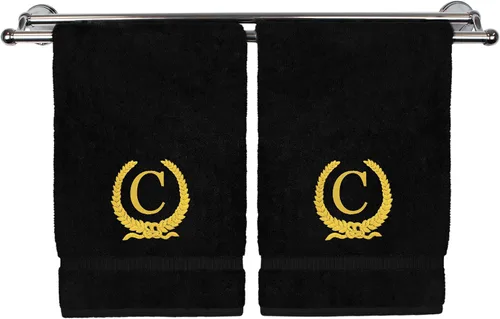 Miniatura 184 de Toalla de mano con monograma, regalo personalizado, 16 x 30 pulgadas, diseño de corona dorada bordada con letra blanca en toalla negra, extra