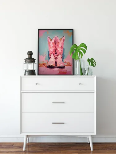 Miniatura 5 de TwoDays Botas de vaquera rosadas para decoración de habitación, pinturas femeninas del oeste para apartamento, botas de vaquero costero, impresiones