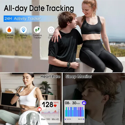 Miniatura 5 de Reloj inteligente para hombres y mujeres (respuesta/hacer llamadas), reloj de fitness HD de 1.85 pulgadas con monitor de frecuencia cardíaca y Negro