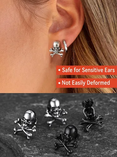 Miniatura 8 de FaithHeart Skull Hoop Earrings for Men SilverBlackGold Stainless Steel Huggie Hoop Earrings Lightweight Hypoallergenic Earrings for Sensitive Ears