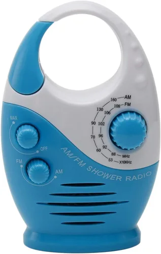 UXELY Radio de ducha, radio de baño AM FM, radio de ducha colgante impermeable con volumen ajustable altavoz integrado (blanco azul)
