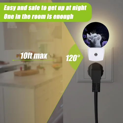 Miniatura 5 de Luz nocturna de gato blanco, flores moradas enchufables con sensor de atardecer a amanecer para dormitorio, baño y sala de estar, lámpara apta