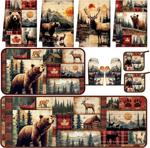 Miniatura 12 de Fourluoo Juego de 10 piezas de decoración de cocina con lazo rosa, 4 paños de cocina a cuadros rosados, 2 soportes para ollas, 2 guantes de horno, 2