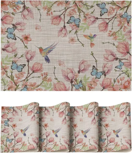 Artoid Mode Juego de 4 manteles individuales con diseño de pájaros y flores y mariposas, 12 x 18 pulgadas, de plástico, lavables, antideslizantes,