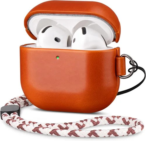 Miniatura 30 de Maogoam Funda de cuero genuino para AirPods Pro 2, botón de sincronización, diseño de clip en D con cordón de mano, funda de cuero encerado