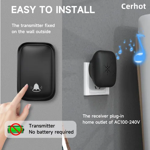 Miniatura 2 de Timbre inalámbrico autoalimentado con enchufe de EE. UU., sin batería, distancia de 38 canciones, timbre de puerta para exteriores, impermeable
