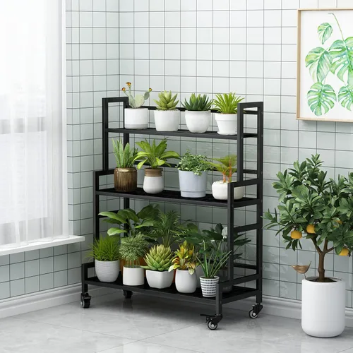 Miniatura 2 de Soporte para plantas de interior, estante de metal de 3 niveles para exterior, con ruedas para múltiples plantas, soporte escalonado para macetas