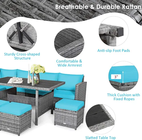 Miniatura 6 de Tangkula Juego de muebles de patio para 6, 7 piezas para todo tipo de clima, sofá seccional de mimbre de polietileno resistente con mesa de comedor