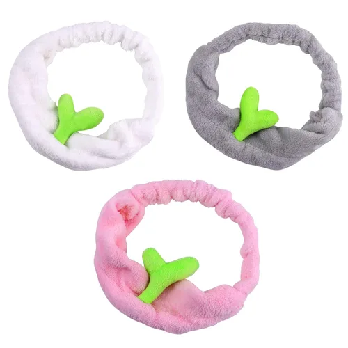 Lurrose 3 diademas elásticas de felpa Sprout para maquillaje, para ducha, lavado de cara, banda deportiva para el pelo para niñas y mujeres
