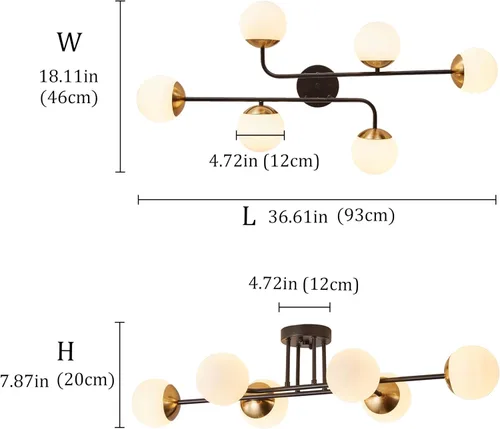 Miniatura 7 de Aiwen Moderna lámpara Sputnik de montaje semiempotrado con 6 luces de cristal negro dorado para techo, globo rústico, iluminación de techo regulable