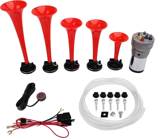 Miniatura 11 de FARBIN Bocina musical con sonido musical de 6 trompetas con compresor, juego de melodía de padrino, rojo, 12 V, 150 db, para tren, camión