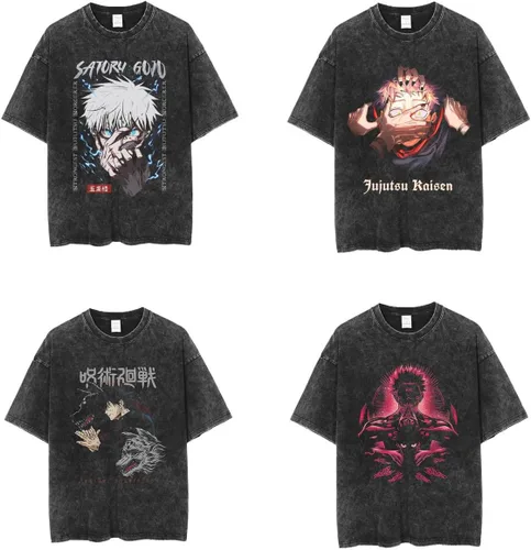 Anime Jujutsu Kaisen Camiseta de manga corta Tela lavada Estilo Vintage Cuello Redondo Diseño Fresco Satoru Gojo Yuji Itadori