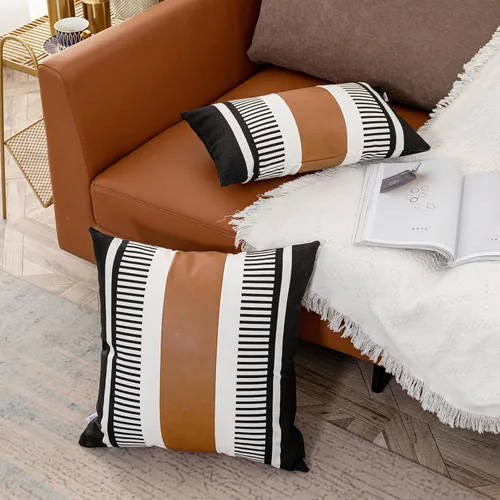 Miniatura 8 de Funda de almohada bohemia de color blanco y negro con piel, funda de cojín moderna de 22 x 22 pulgadas, funda de almohada de rayas estilo campestre