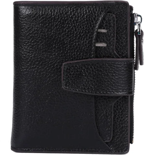 Cartera de cuero con bloqueo RFID para mujer, pequeña, compacta, doble cremallera, con ventana para identificación