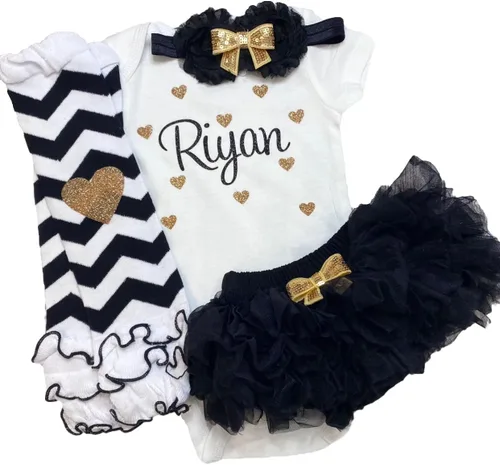 Traje personalizado de baby girl para baby shower, con nombre personalizado con purpurina y corazón, tutú con diadema y calentadores de piernas