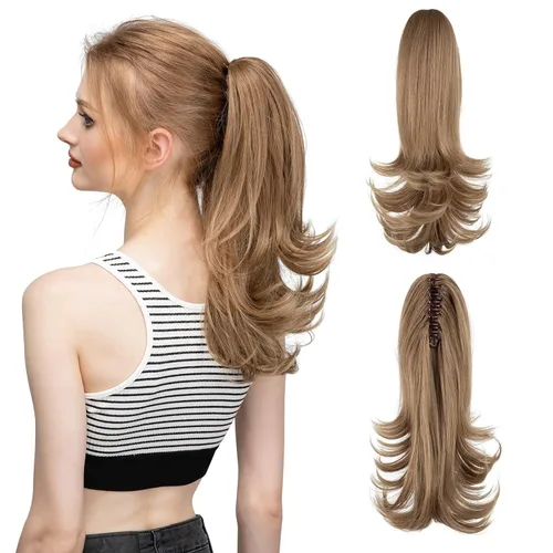 Miniatura 26 de CJL HAIR - Extensión de cola de caballo con clip de garra corto, cordón elástico, cabello rizado falso, balayage, pieza de cabello sintético, fibra