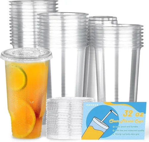 Miniatura 8 de Paquete de 30 vasos de plástico transparente de 32 onzas con tapas, vasos transparentes desechables de gran tamaño, popote de cubierta plana 32oz 30