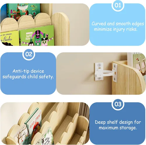 Miniatura 4 de EXPERLAM Estantería infantil 2 en 1 con 2 cajones de almacenamiento de juguetes, estantería frontal festoneada de 3 niveles para niños, organizador
