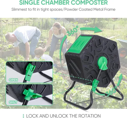 Miniatura 3 de Contenedor de compostaje giratorio con puertas correderas, contenedor de compostaje de una sola cámara, resistente para jardinería al aire libre