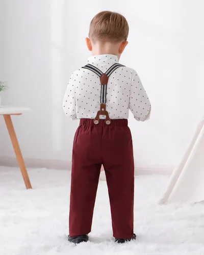 Miniatura 4 de DISAUR Ropa para bebé niño, camisa de vestir con corbatín y pantalones de tirantes, conjuntos de traje de caballero para boda de 1 a 6 años