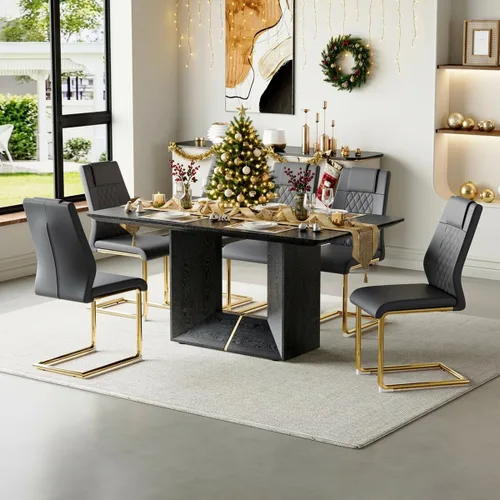 Miniatura 12 de Mesa de comedor negra de 63 pulgadas Mesa de comedor moderna Mesa rectangular de madera con patas en forma de U de alta resistencia Estable
