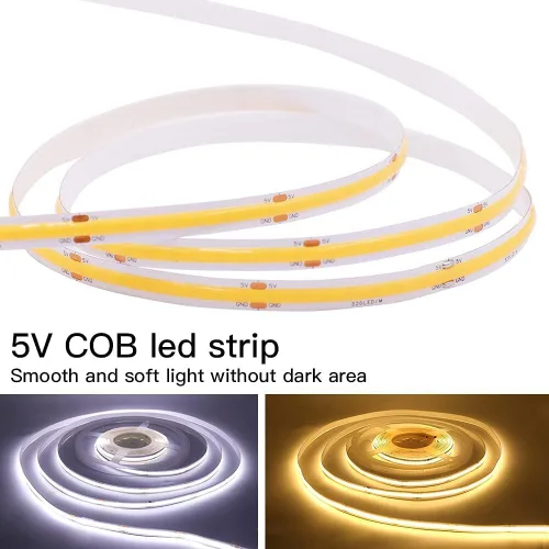 Miniatura 4 de COB - Tira de luces LED, 1.6 ft/1.6 pies, flexible, flexible, flexible, flexible, tira de luces LED COB DC 5V 320 LEDs/m, blanco cálido, 3000 K