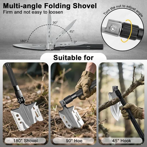Miniatura 5 de Pala de supervivencia de acero de alto carbono, pala táctica plegable con hacha, herramienta de excavación para camping y senderismo, bolsa de Negro