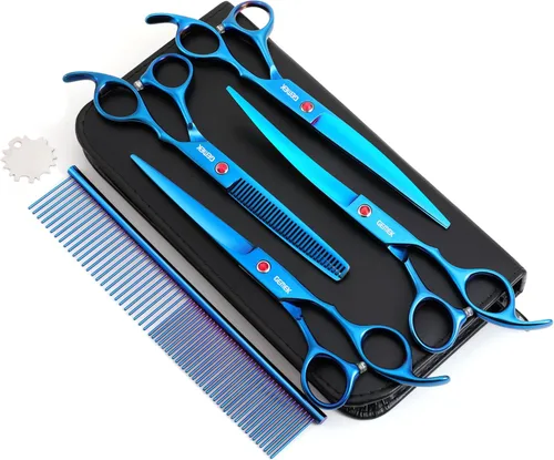 Miniatura 10 de Tijeras de aseo para perros con puntas redondas de seguridad de acero inoxidable, kit profesional de aseo para perros, tijeras adelgazantes, curvas