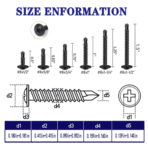 Miniatura 2 de 100 PCS tornillos autoperforantes de acero inoxidable 410 con cruceta negra #8x1, cabeza truss modificada para lámina metálica, alta resistencia