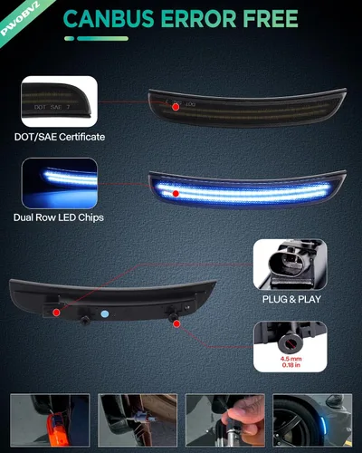 Miniatura 6 de Luces LED azules de marcador lateral para Dodge Charger 2015 2016 2017 2018 2019 2020 2021 2022 2023 2024, lámparas de parachoques delantero