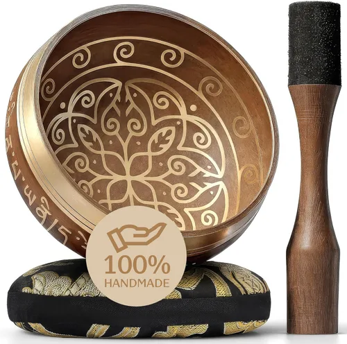 Miniatura 9 de Cuenco del Himalaya Silent Mind, hermosos diseños, Marrón marrón claro antiguo (antique light brown)