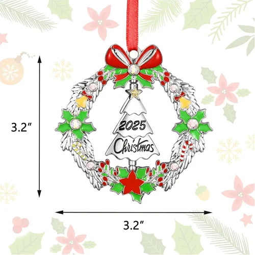 Miniatura 4 de Adorno de Navidad 2025, decoración para árbol de Navidad, corona de Navidad de metal con árbol giratorio fechado 2025, adornos plateados brillantes