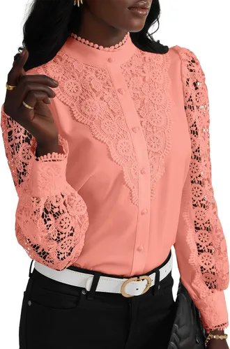 Miniatura 25 de Rooscier Blusa Elegante de Encaje de Crochet con Cuello Alto Simulado de Manga Larga con Botones para Mujer Top